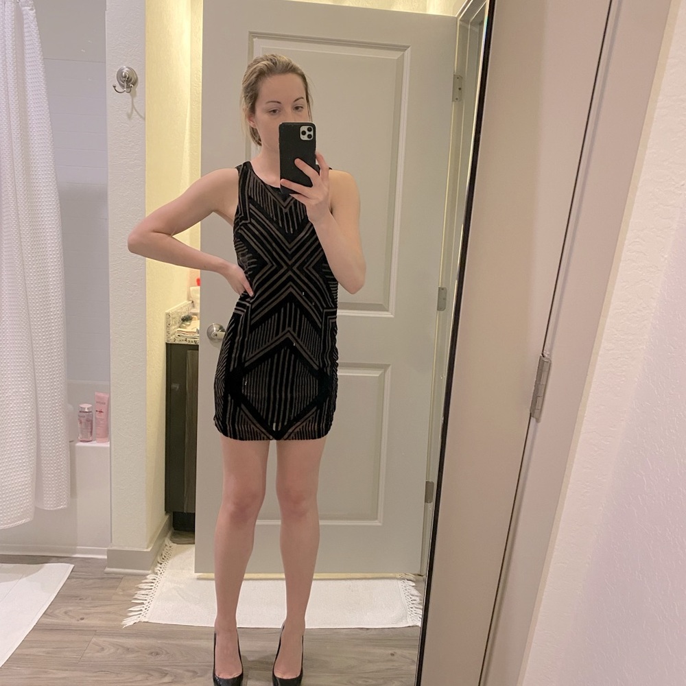 Sparkle and Fade Designer Black Mini Dress in XS